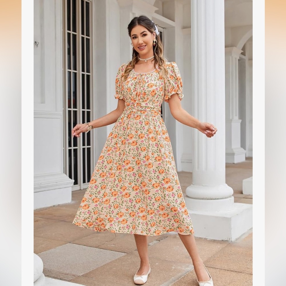 Floral Cream Midi Dress with Puff Sleeves